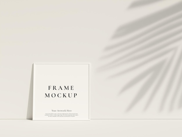 Vista frontal limpa e minimalista foto branca quadrada ou maquete de quadro de pôster encostado na parede com renderização em 3d de sombra de folha