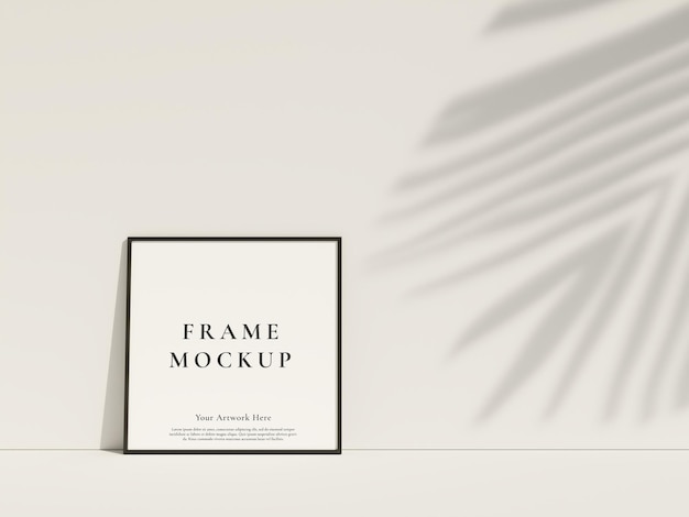Vista frontal limpa e minimalista foto preta quadrada ou maquete de moldura de cartaz encostada na parede com renderização em 3d de sombra de folha