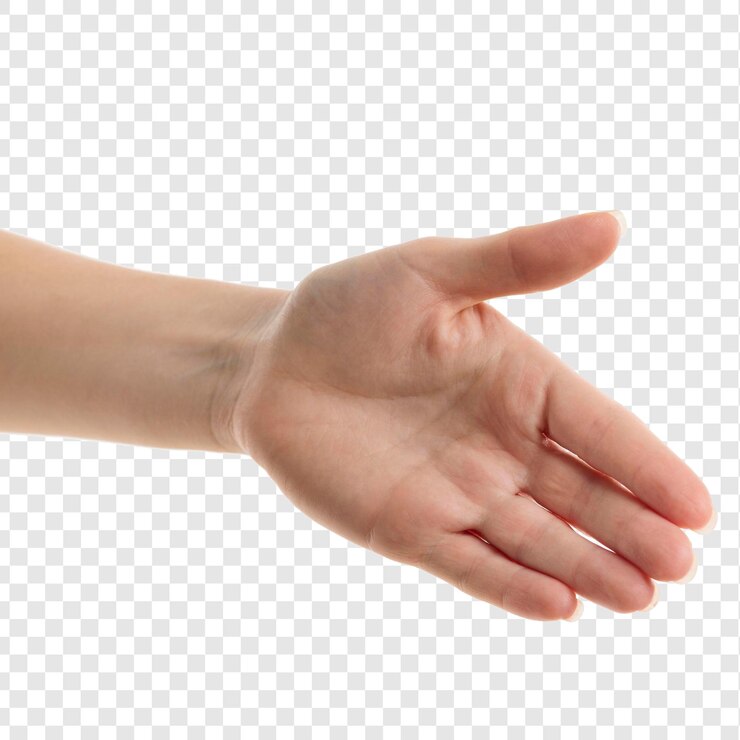 PSD vista frontal de la mano tratando de obtener un apretón de mano aislado en un fondo transparente
