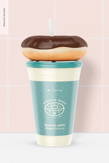 Vista frontal de la maqueta de donut con taza