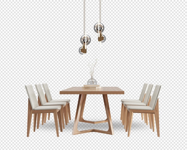 Vista frontal de la mesa y la silla en el comedor en 3d rendering