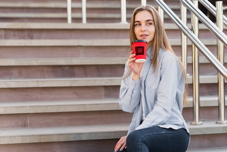 PSD vista frontal moderna chica rubia sosteniendo una taza de café maqueta