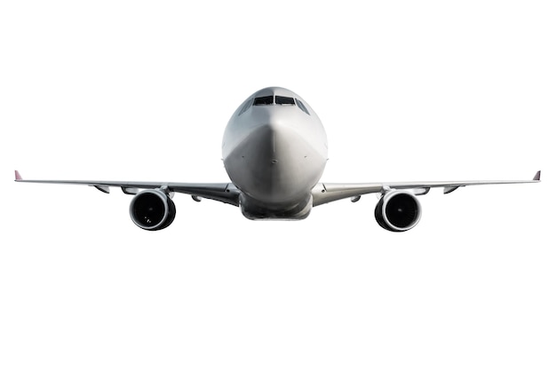 Vista frontal de la mosca aislada del avión a reacción de pasajeros de cuerpo ancho