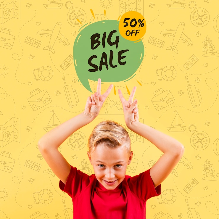 PSD vista frontal del niño haciendo signos de paz con gran venta