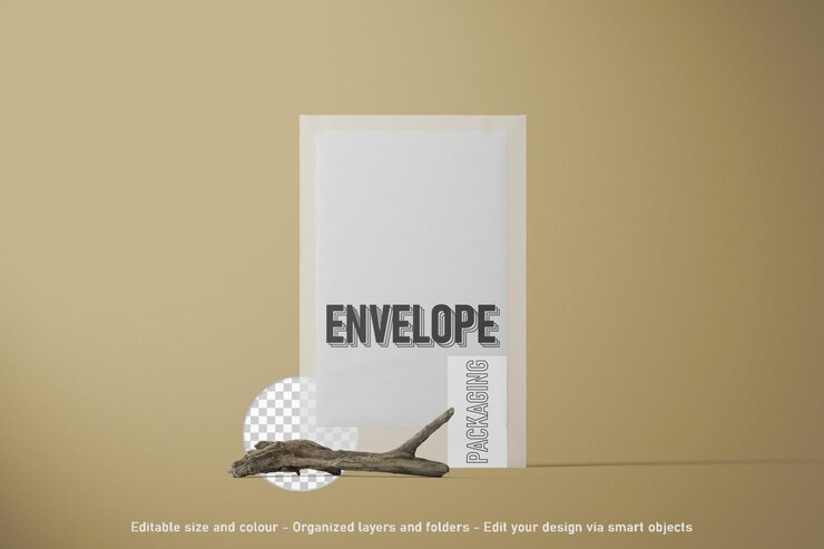 PSD vista frontal papel envío sobres embalaje maqueta 3d render
