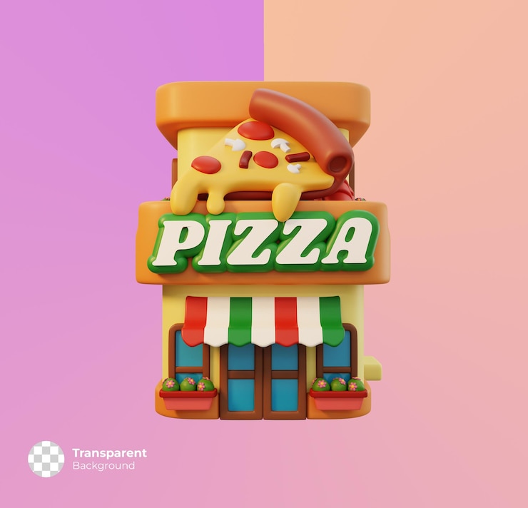 PSD vista frontal del pequeño icono de la tienda de pizzería aislado. edificio de tienda lindo mínimo. renderizado 3d