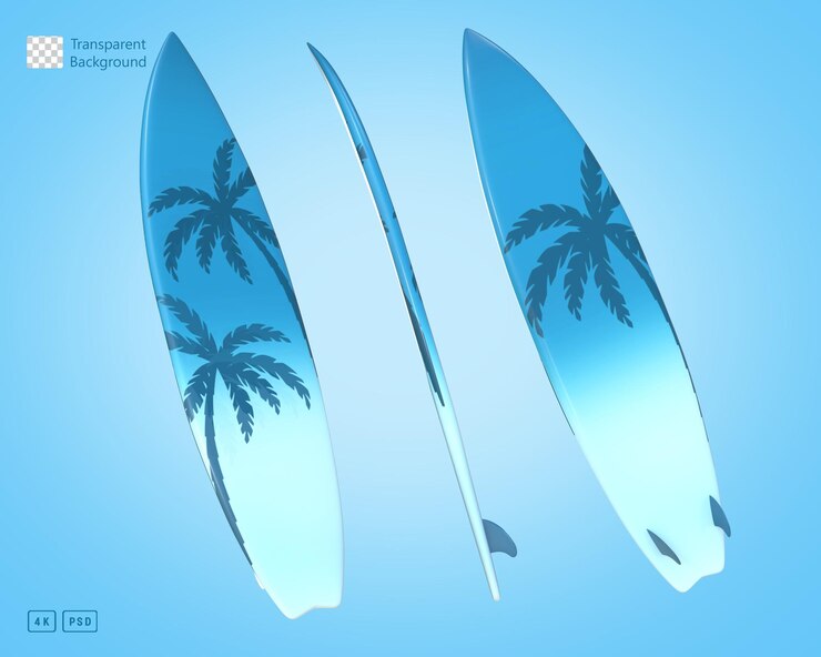 Vista frontal y posterior de la tabla de surf Blue Palm de representación 3D