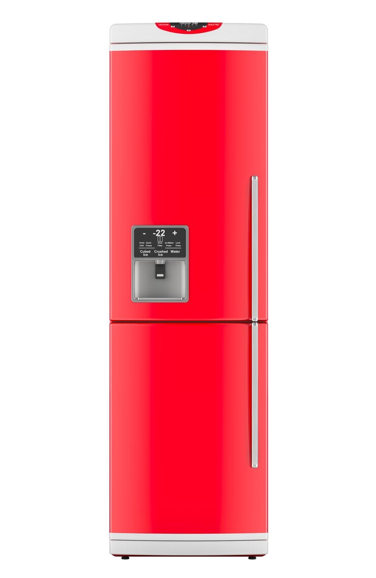 PSD vista frontal del refrigerador rojo rendering 3d aislado en un fondo transparente