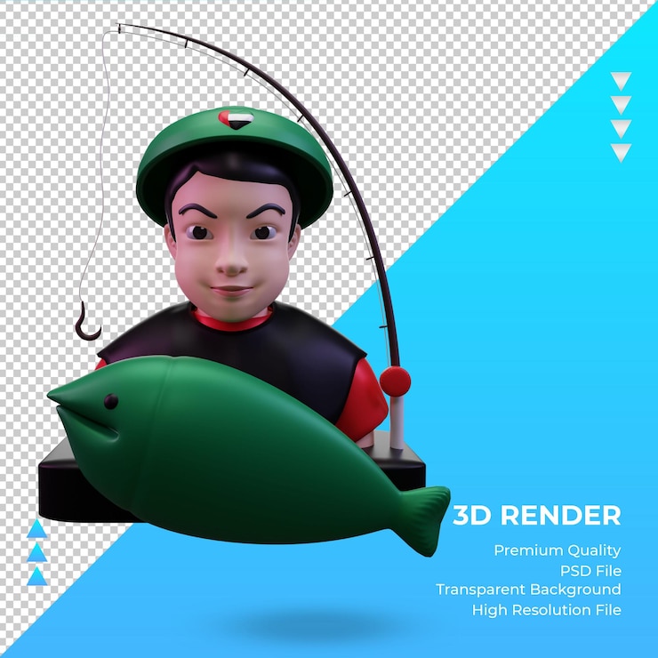 PSD vista frontal de renderizado de bandera de emiratos árabes unidos de pescador 3d