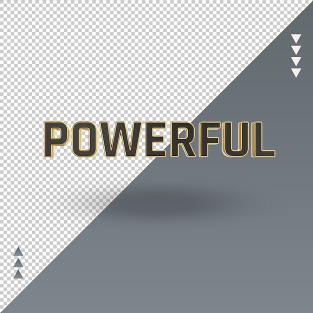 Vista frontal de renderizado de texto en oro negro potente 3d