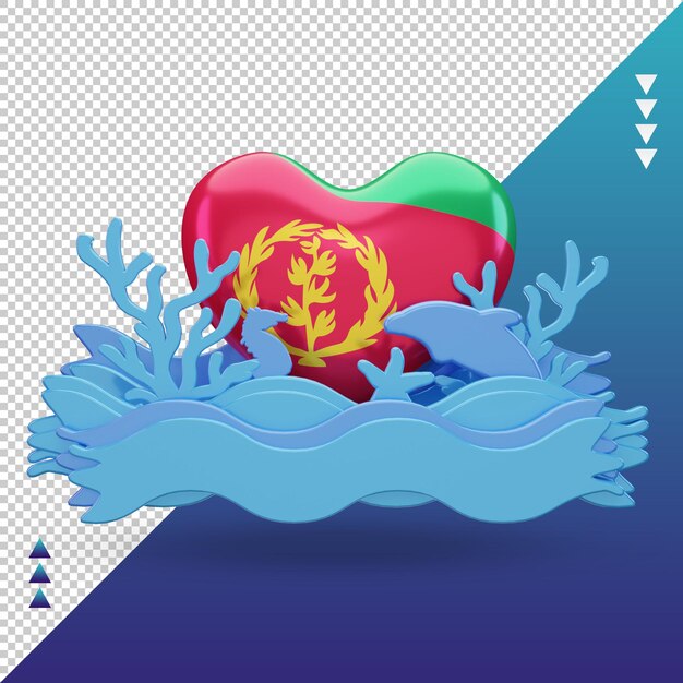 PSD vista frontal de la representación de la bandera de amor de eritrea del día del océano 3d