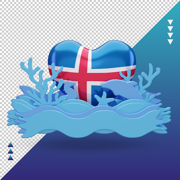 Vista frontal de la representación de la bandera de amor de Islandia del día del océano 3d