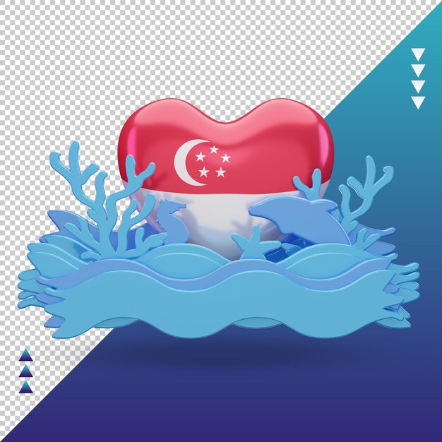 PSD vista frontal de la representación de la bandera del amor de singapur del día del océano 3d