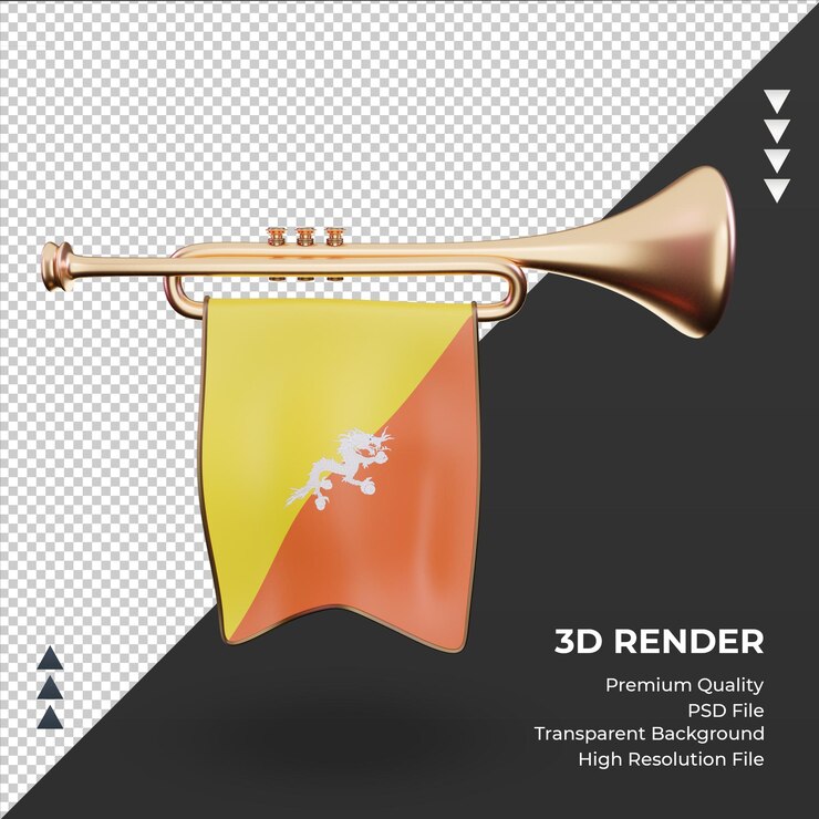 PSD vista frontal de la representación de la bandera de bhután de trompeta 3d