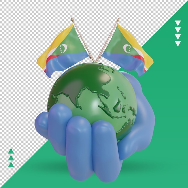 Vista frontal de la representación de la bandera de las comoras del día mundial del medio ambiente 3d