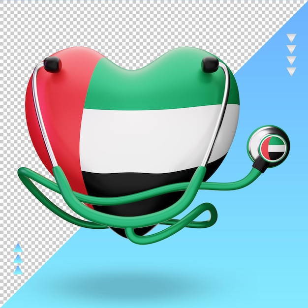 Vista frontal de la representación de la bandera de los emiratos árabes unidos del día mundial de la salud 3d