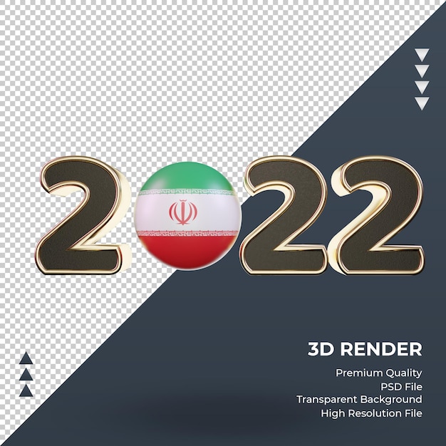 Vista frontal de la representación de la bandera de irán del texto en 3d 2022