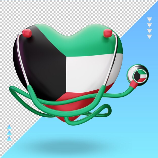 Vista frontal de la representación de la bandera de Kuwait del día mundial de la salud en 3d