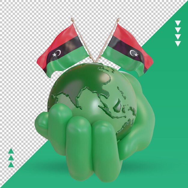 PSD vista frontal de la representación de la bandera de libia del día mundial del medio ambiente 3d