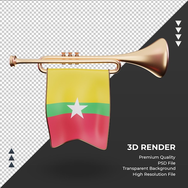 Vista frontal de la representación de la bandera de myanmar trompeta 3d