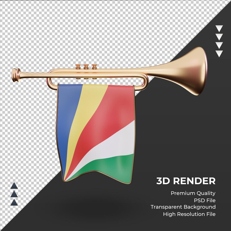 PSD vista frontal de la representación de la bandera de seychelles trompeta 3d