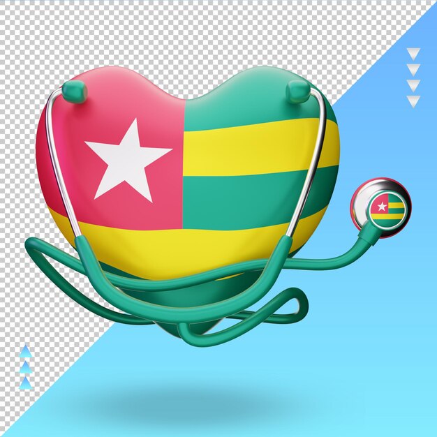 Vista frontal de la representación de la bandera de Togo del día mundial de la salud 3d