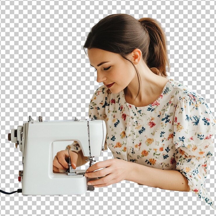PSD vista frontal del sastre femenino trabajando con máquina de coser
