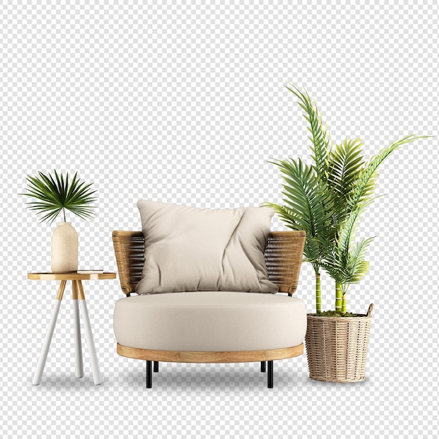 Vista frontal del sillón y la planta en 3D.