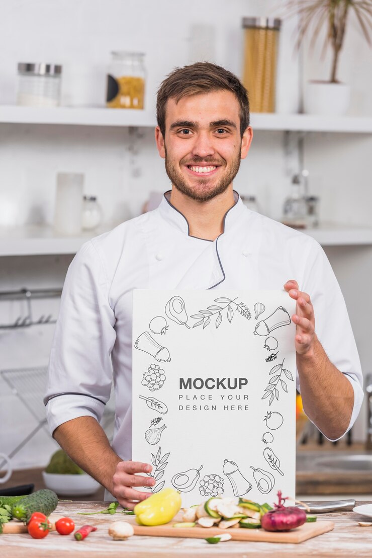 PSD vista frontal sonriente joven chef