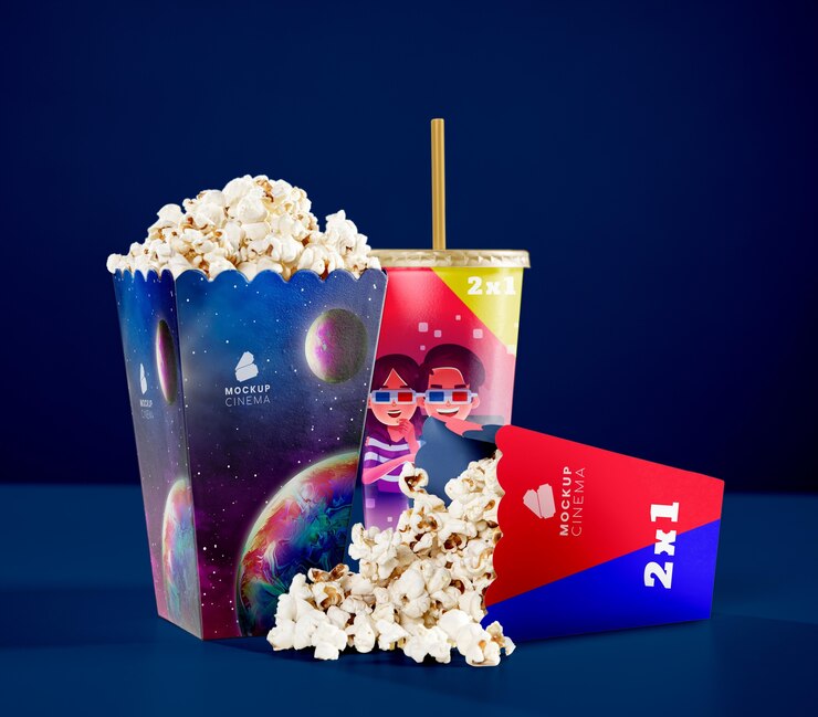 PSD vista frontal de tazas de palomitas de maíz de cine