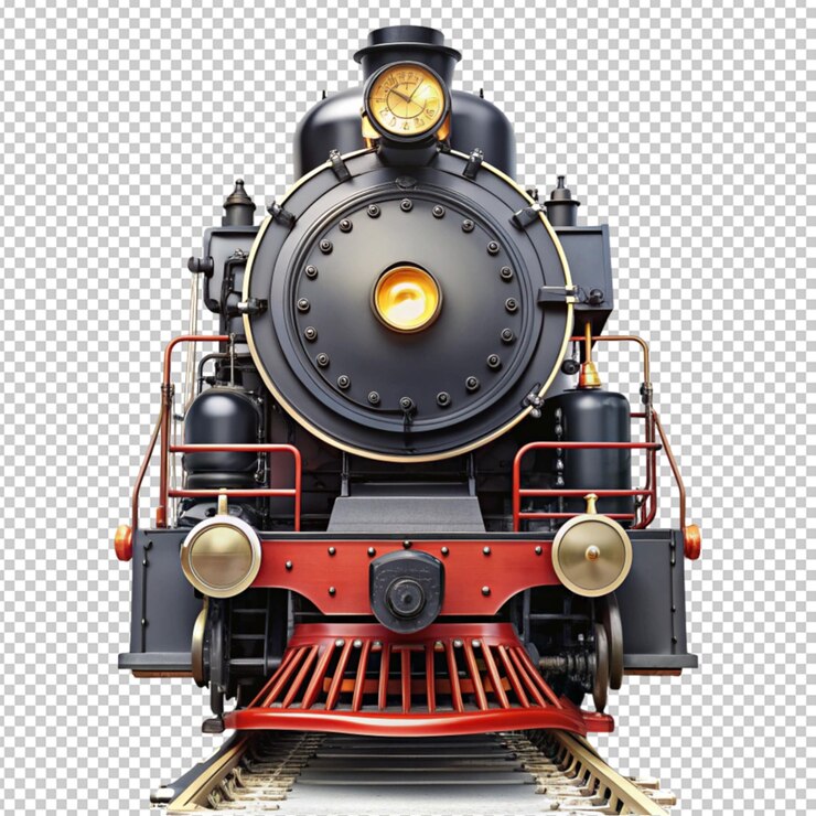 PSD vista frontal del tren de locomotora de vapor aislada sobre un fondo transparente