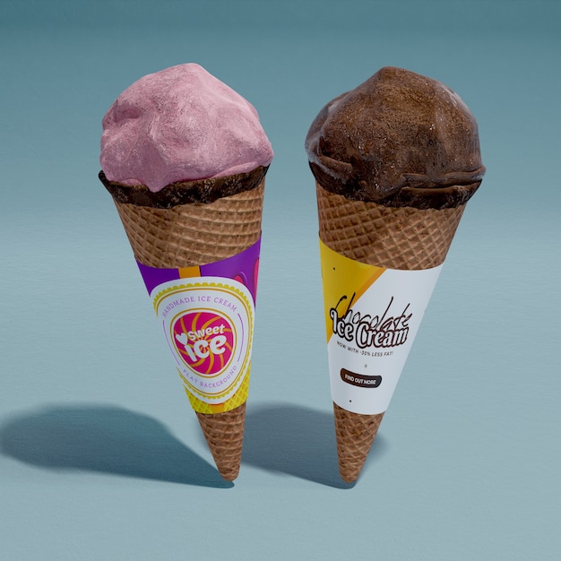 Vista frontale dei coni gelato alla fragola e cioccolato
