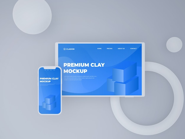 Vista frontale del mockup di argilla dello schermo di tablet e smartphone