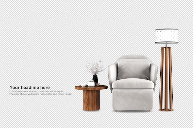 Vista frontale della poltrona in rendering 3d