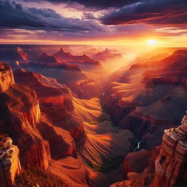 PSD vista hiper-realista da vibrante paisagem dourada do grand canyon com luzes de fundo do pôr-do-sol.