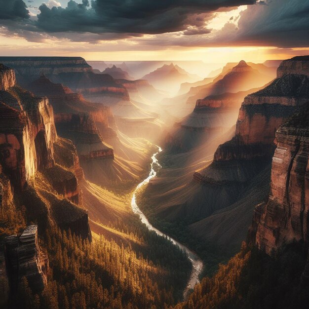 PSD vista hiper-realista da vibrante paisagem dourada do grand canyon com luzes de fundo do pôr-do-sol.