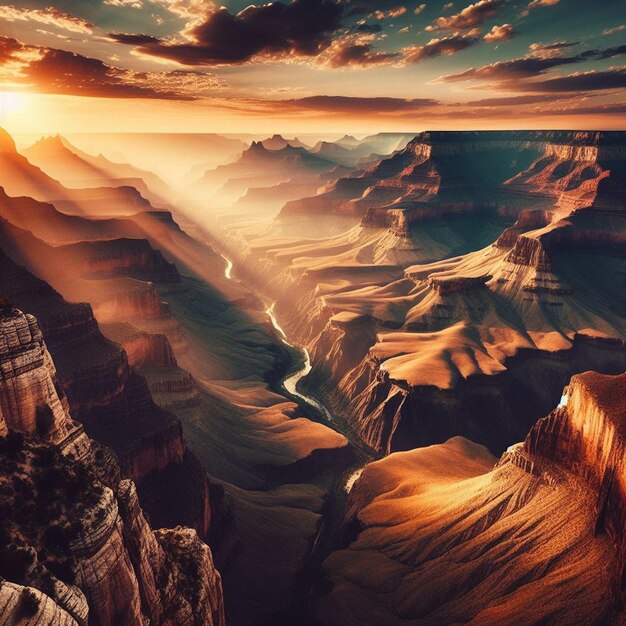 PSD vista hiperrealista del vibrante paisaje dorado del gran cañón con luces de fondo al atardecer.