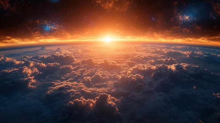 PSD una vista impresionante del horizonte de la tierra al atardecer con un cielo vibrante lleno de nubes y estrellas