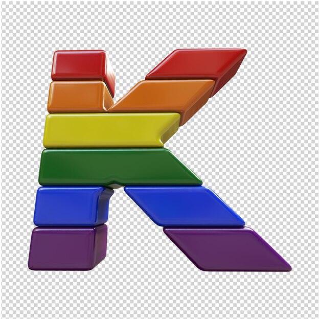 PSD vista inferior das letras da cor da bandeira lgbt. 3d letra k