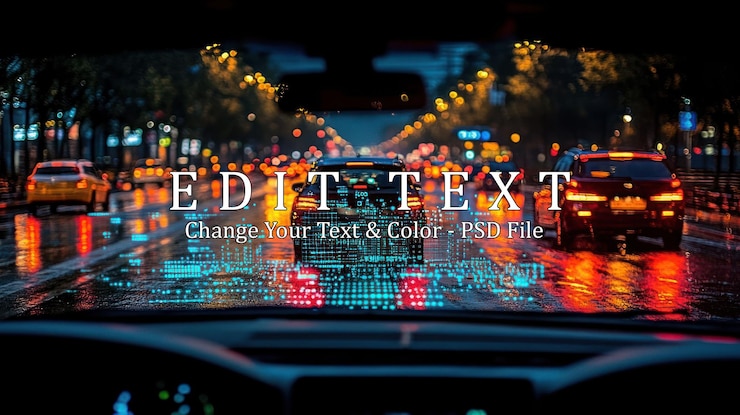 PSD vista desde el interior de un coche conduciendo a través de una ciudad lluviosa por la noche con una superposición digital en el parabrisas