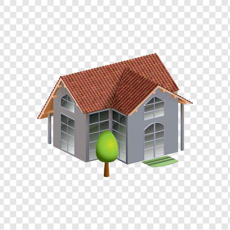 PSD vista isométrica de una casa moderna con un techo rojo y un árbol en el frente aislado en un fondo transparente