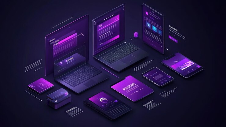 PSD vista isométrica de computadoras portátiles, teléfonos inteligentes y tabletas que muestran varias interfaces y datos