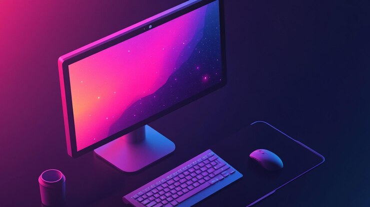PSD vista isométrica de una configuración de computadora moderna con iluminación rosada y púrpura vibrante