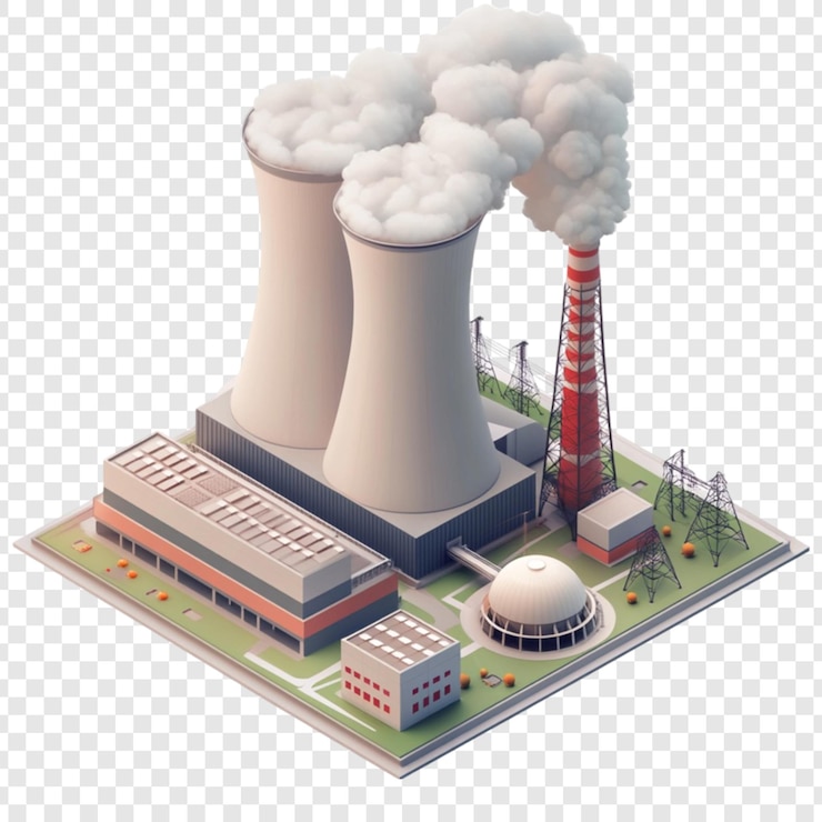 PSD vista isométrica de uma central eléctrica com torres de arrefecimento e chaminés
