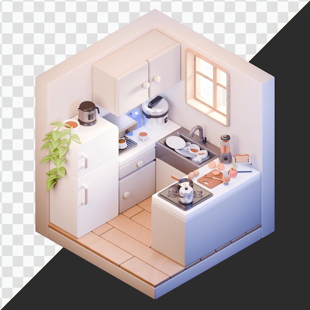 Vista isométrica de uma cozinha aconchegante e minimalista