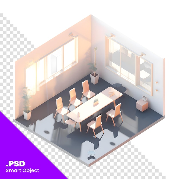 PSD vista isométrica interior do escritório com cadeiras de móveis e ilustração vetorial psd em 3d