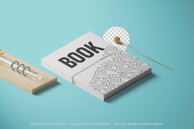 vista isométrica libro en blanco maqueta ilustración 3d render aislado sobre fondo blanco