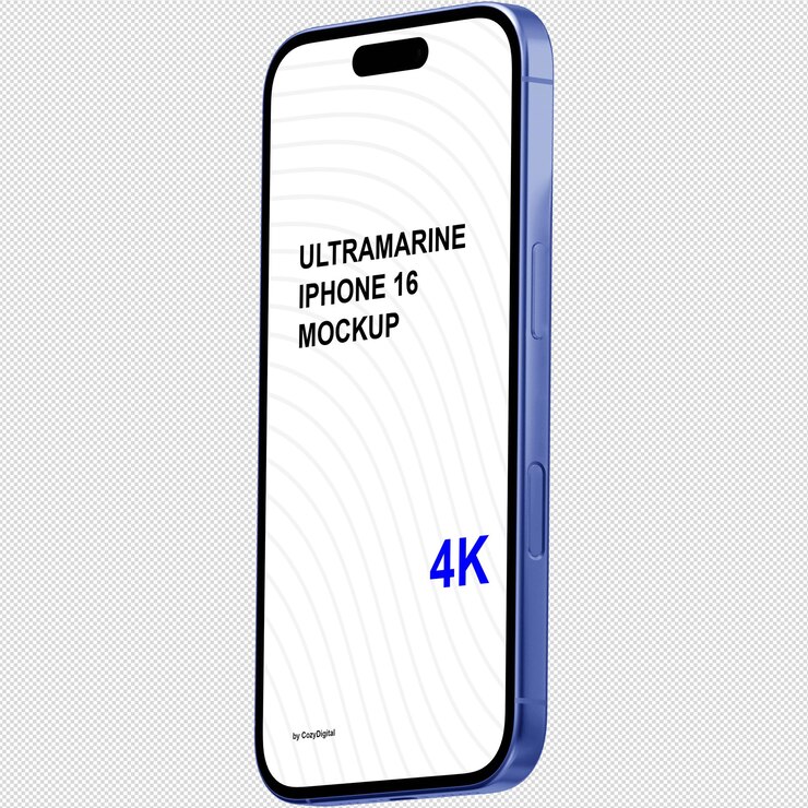 PSD vista isométrica de un mockup de smartphone ultramarino similar al iphone 16 sin fondo