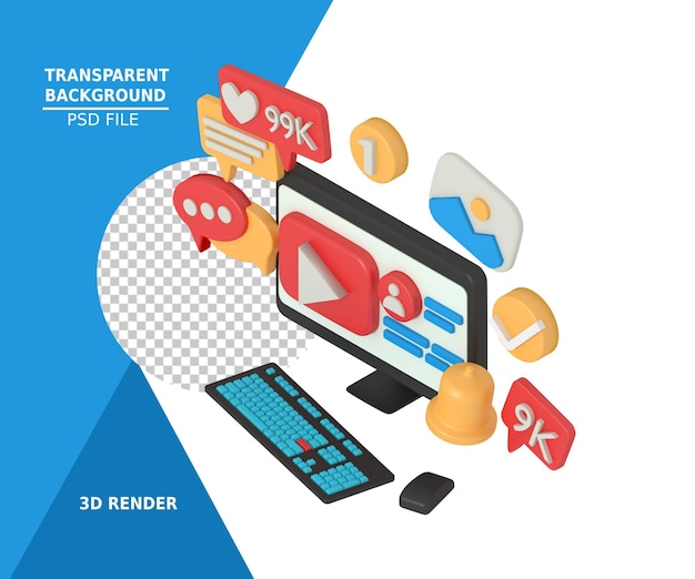 Vista isometrica Modellazione 3d di video sui social media nel computer