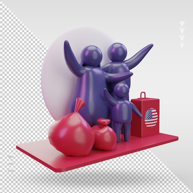 Vista izquierda de la representación de la bandera de américa del día mundial de los refugiados en 3d